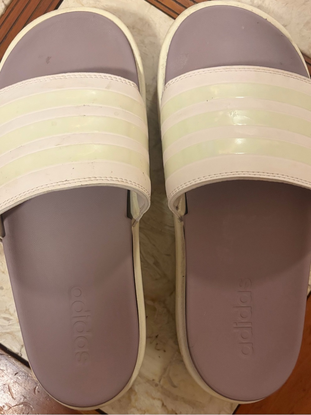 adidas Women’s Lavender Slide Sandals with White Stripes